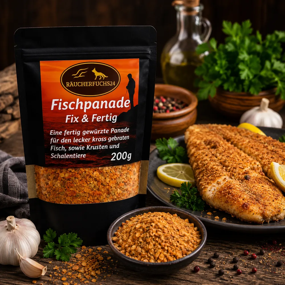 Fischpanade Fix & Fertig von Räucherfuchs24 mit knusprig paniertem Fischfilet und Gewürzschale