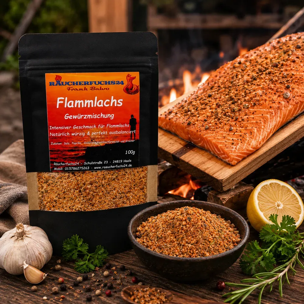 Flammlachs Gewürz von Räucherfuchs24 mit gewürztem Lachs am Flammlachsbrett und Gewürzschale