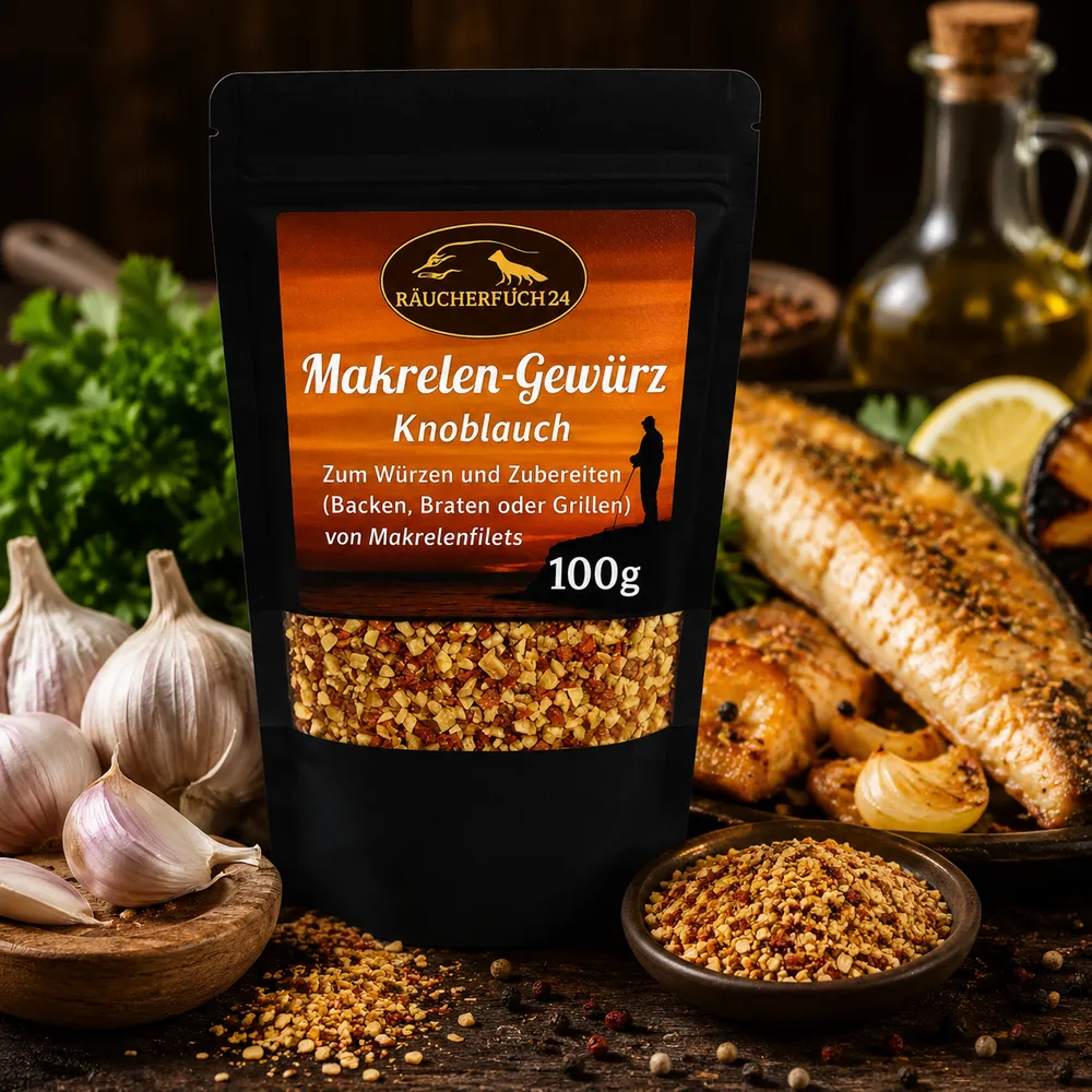 Makrelen Gewürz Knoblauch mit gegrillten Makrelenfilets und frischem Knoblauch