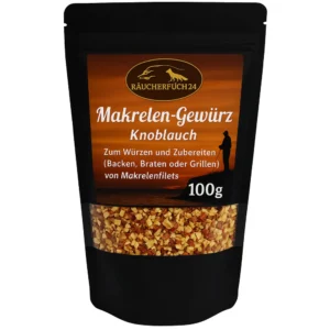 Makrelen-Gewürz Knoblauch in schwarzer 100g Standbeutel-Verpackung mit orangefarbenem Etikett