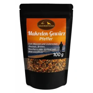Makrelen-Gewürz Pfeffer 100g in schwarzem Standbeutel mit orangefarbenem Etikett und sichtbaren Pfefferkörnern