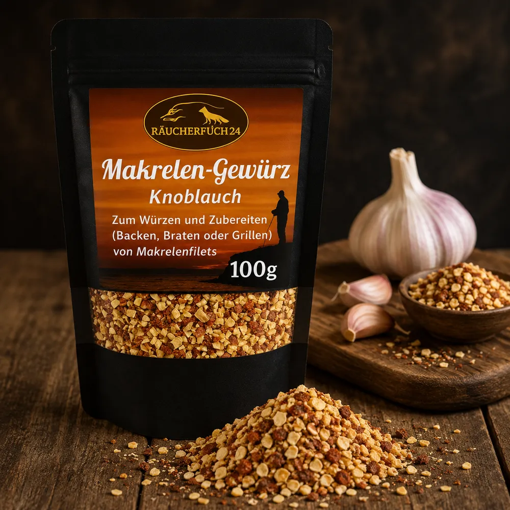 Makrelengewürz Knoblauch von Räucherfuchs24 mit frischem Knoblauch und Gewürzmischung auf rustikalem Holztisch