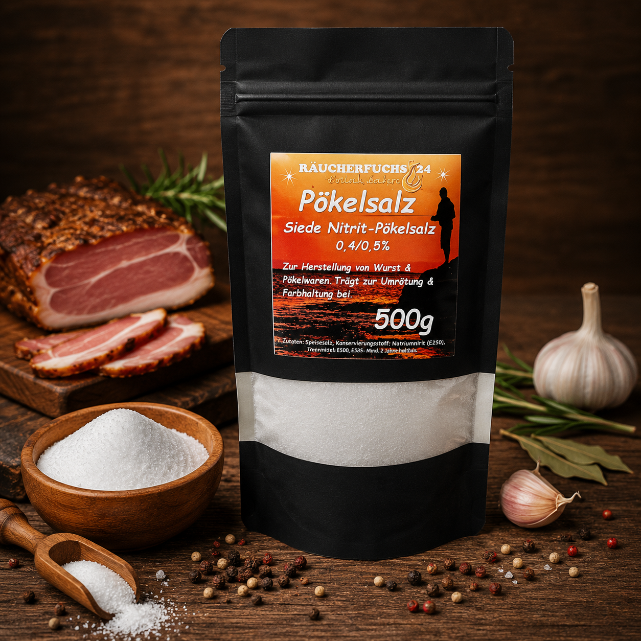 Nitritpökelsalz 500 g mit Schinken, Speck und Gewürzen für die Fleischverarbeitung