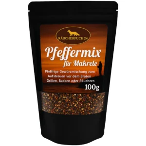 Pfeffer-Mix für Makrelen in schwarzer 100g Standbeutel-Verpackung mit orangefarbenem Etikett