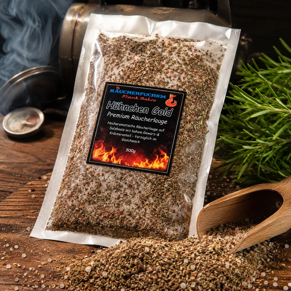 Hähnchen Gold Premium Räucherlauge 500 g von Räucherfuchs24 mit Gewürzmischung auf Holztisch