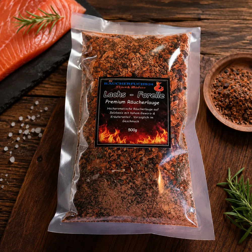 Premium Räucherlauge für Lachs und Forelle mit frischem Lachsfilet und Gewürzen auf rustikalem Holztisch