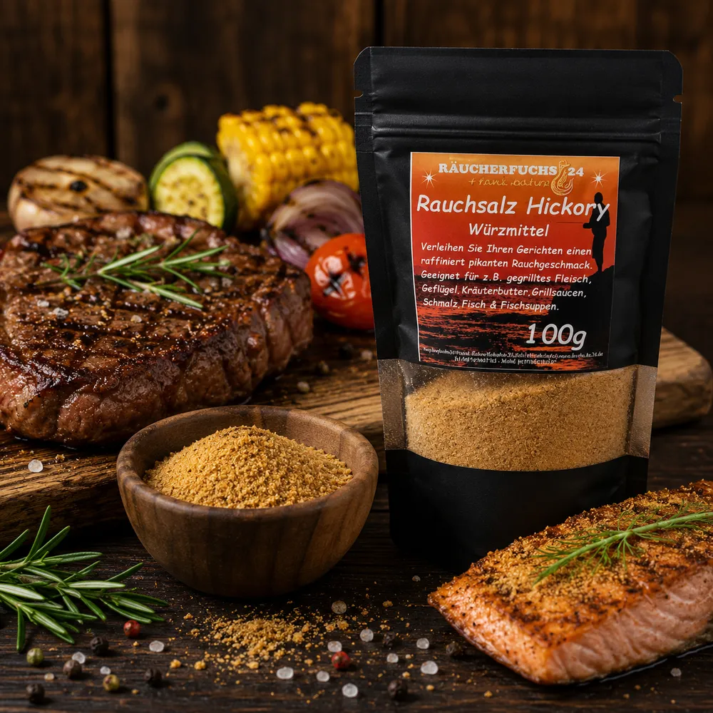 Rauchsalz Hickory 100g mit Steak, Lachs und Grillgemüse – geräuchertes Gourmetsalz zum Verfeinern von Fleisch und Fisch