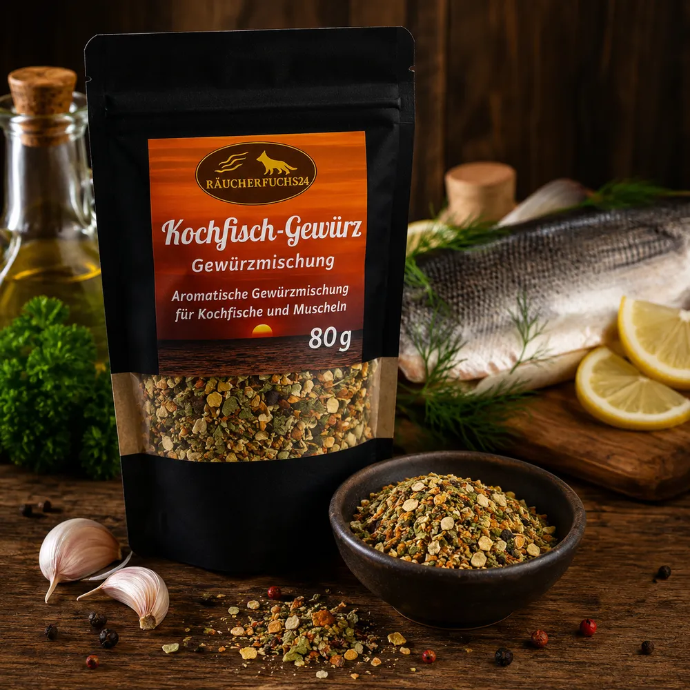 Kochfisch Gewürz von Räucherfuchs24 mit gekochtem Fisch und frischen Zutaten