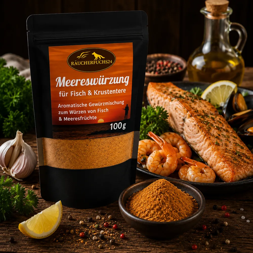Meereswürzung Gewürz mit Lachs, Garnelen und Meeresfrüchten