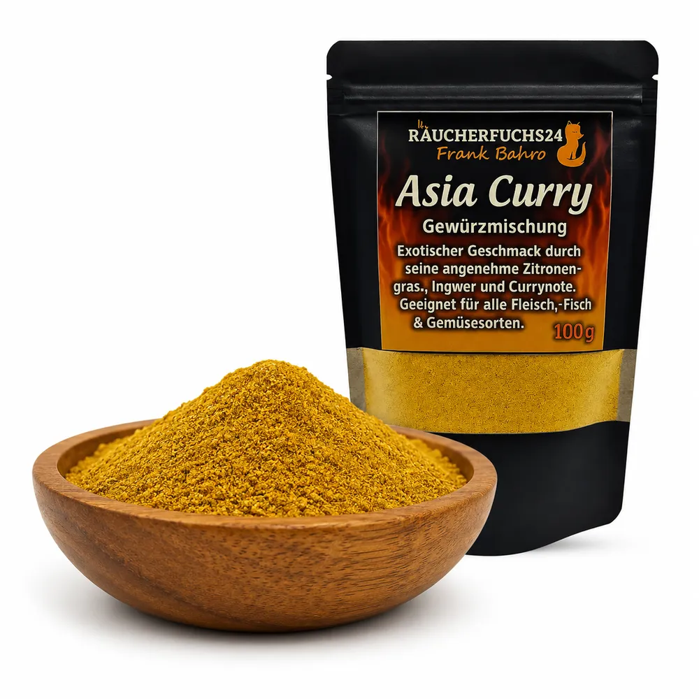 Asia Curry Gewürzmischung von Räucherfuchs24 mit Gewürz in Holzschale auf weißem Hintergrund