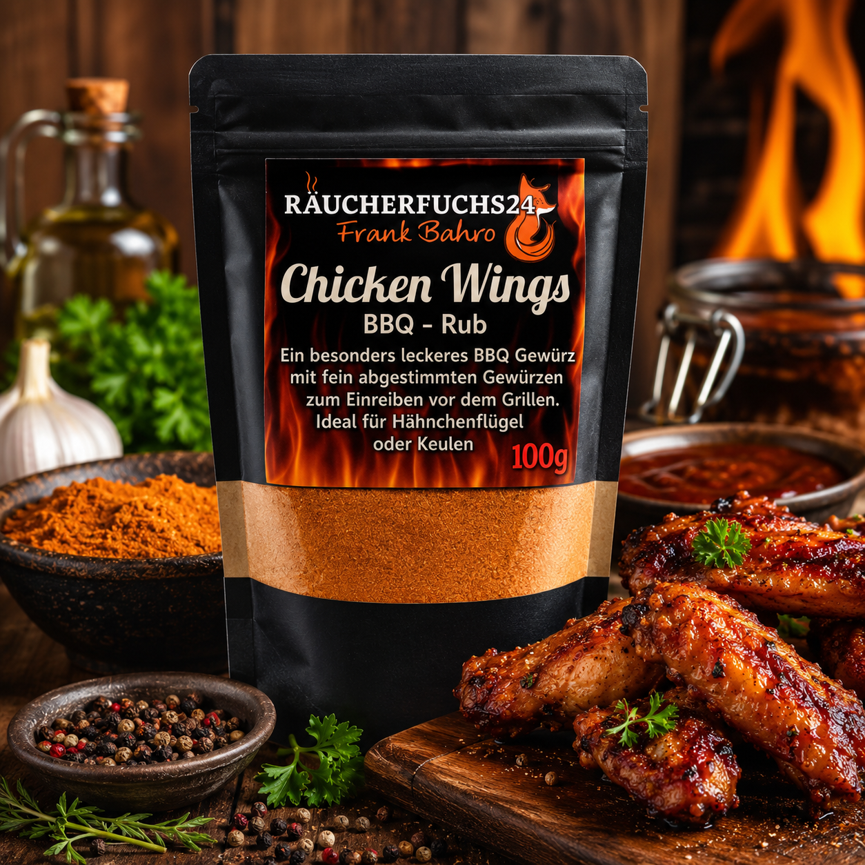 Chicken Wings BBQ Rub Gewürz mit gegrillten Hähnchenflügeln und BBQ-Aromen