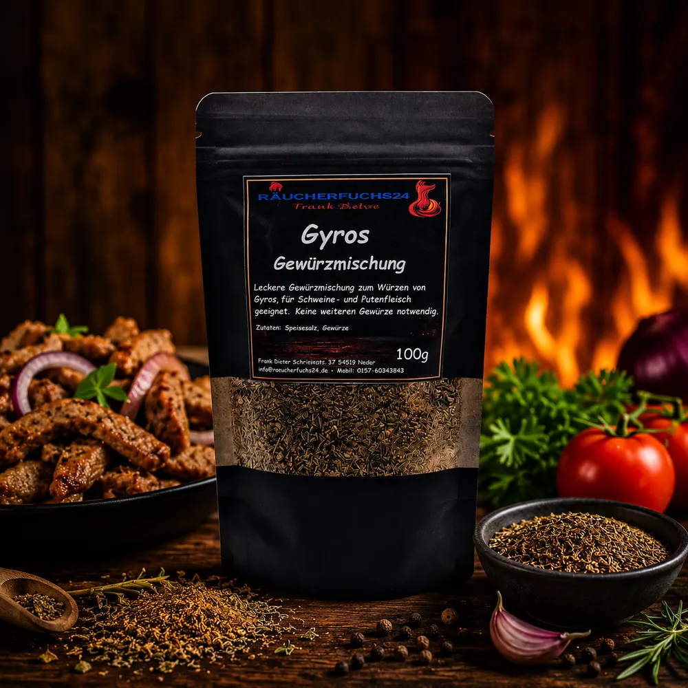 Gyros-Gewürzmischung mit gebratenem Fleisch und mediterranen Zutaten – würziges Grillgewürz von Räucherfuchs24