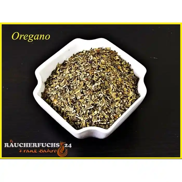Oregano gerebelt 50 g – getrocknete grüne Oreganoblätter in weißer Schale