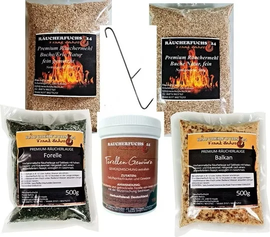 Räucherpaket Forelle 6-teiliges Set mit Räucherlauge und Gewürzen