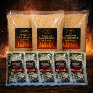 Räucherpaket mit Räuchermehl Buche und Gartenkräuter Räucherlauge – Räucherzubehör Set für Fisch und Fleisch