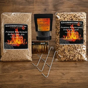Räucher Set kaufen mit Räuchermehl, Gewürzen und Räucherhaken für Fisch und Fleisch