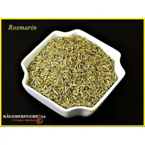 Rosmarin getrocknet und geschnitten 100 g – aromatische Kräuter in weißer Schale