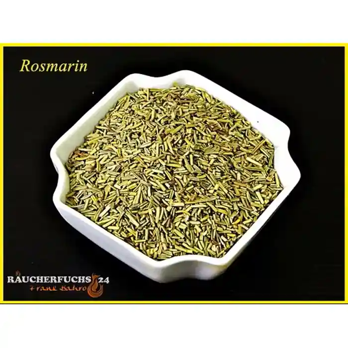 Rosmarin getrocknet und geschnitten 100 g – aromatische Kräuter in weißer Schale