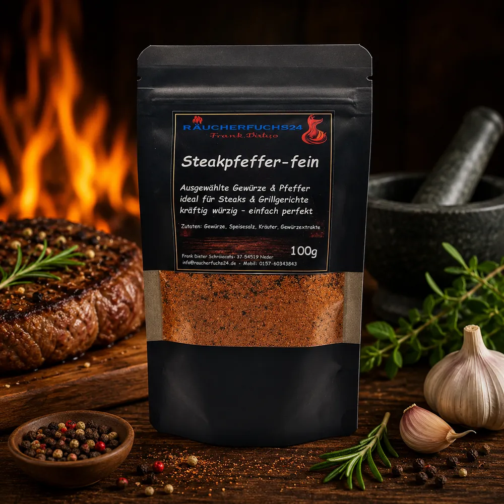 Steakpfeffer fein mit Steak, Pfefferkörnern und Kräutern – würzige BBQ Gewürzmischung von Räucherfuchs24