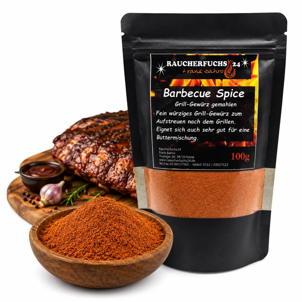 Barbecue Spice BBQ Rub von Räucherfuchs24 mit Gewürzschale und gegrilltem Fleisch