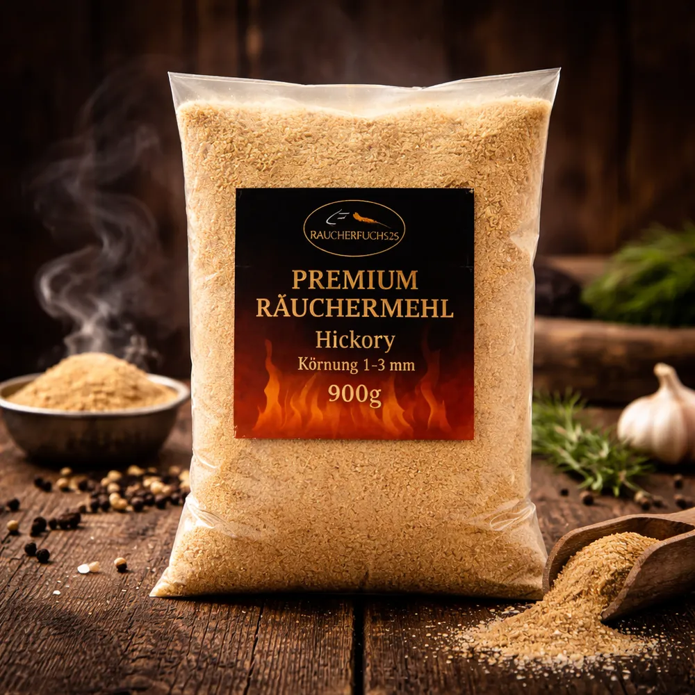 Räuchermehl im Räucherofen mit Rauchentwicklung und aromatischem Ergebnis